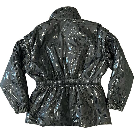 DKNY Glossy Leopard Print Puffer Jacket Women’s M Black Cinched Waist - Picture 4 of 9